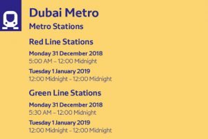 Dubai Metro operating hours for 2018/19 holidays