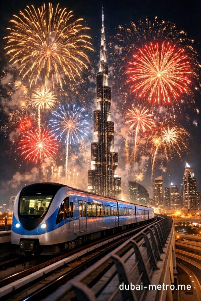 AI generated image of the Dubai metro running past the Burj Khalifa while fireworks are going off for New Year